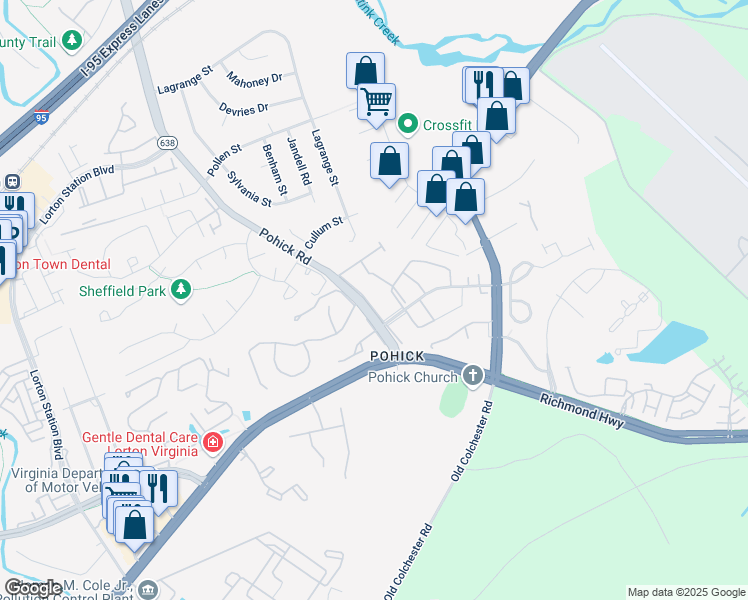 map of restaurants, bars, coffee shops, grocery stores, and more near 7436 Pohick Road in Lorton