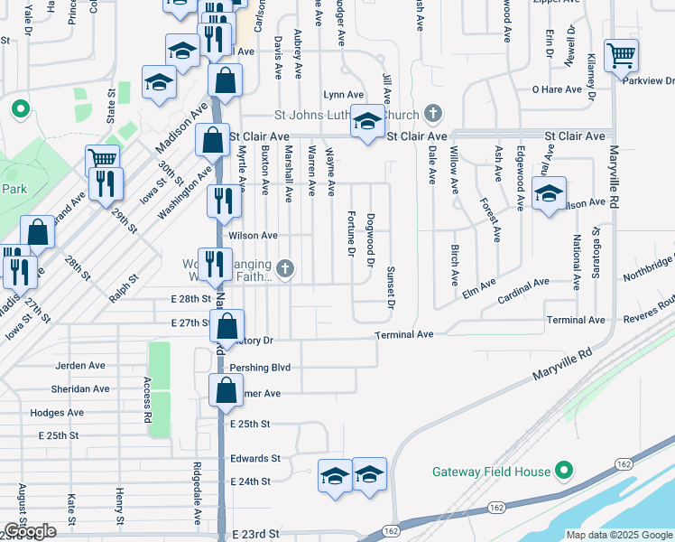 map of restaurants, bars, coffee shops, grocery stores, and more near 2808 Wayne Avenue in Granite City