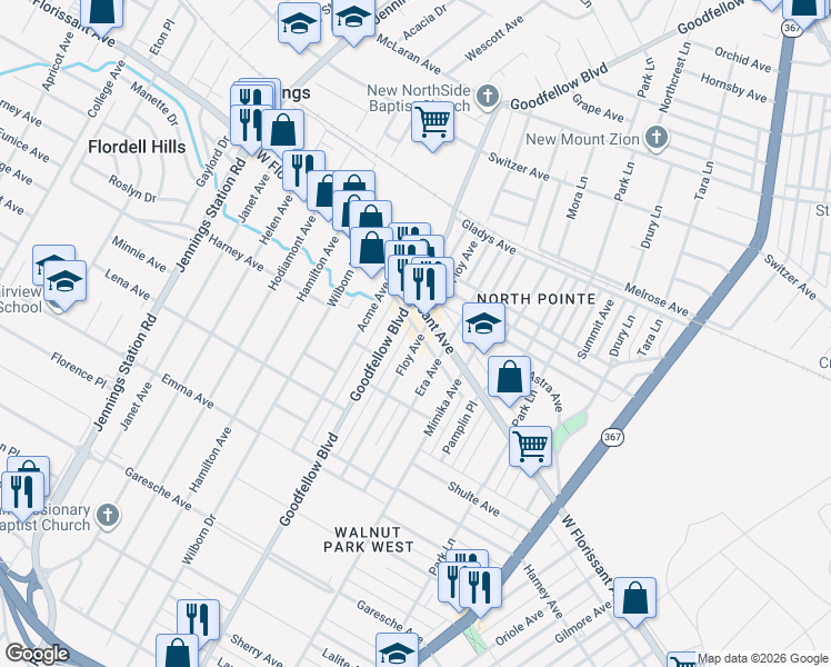 map of restaurants, bars, coffee shops, grocery stores, and more near 5779 Floy Avenue in St. Louis