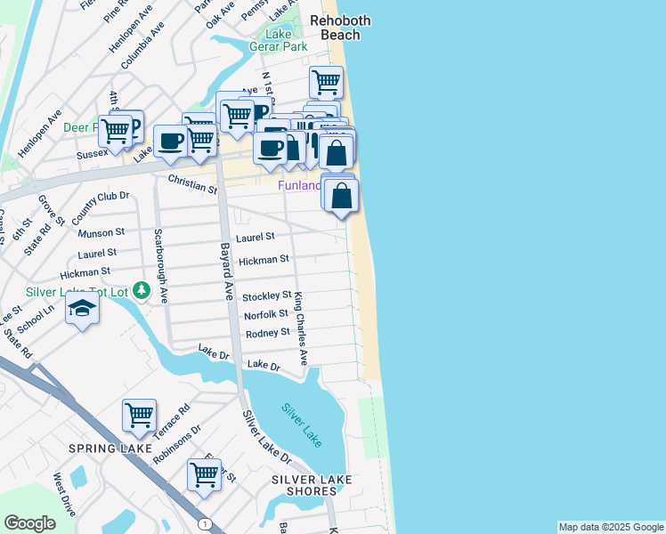 map of restaurants, bars, coffee shops, grocery stores, and more near 1 New Castle Street in Rehoboth Beach