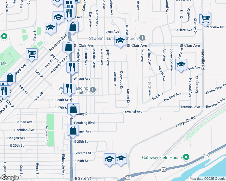 map of restaurants, bars, coffee shops, grocery stores, and more near 2808 Wayne Avenue in Granite City