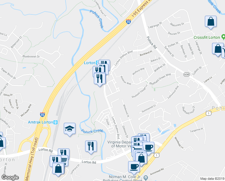 map of restaurants, bars, coffee shops, grocery stores, and more near 9091 Arch Hall Road in Lorton
