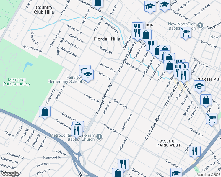 map of restaurants, bars, coffee shops, grocery stores, and more near 5539 Jennings Station Road in Jennings
