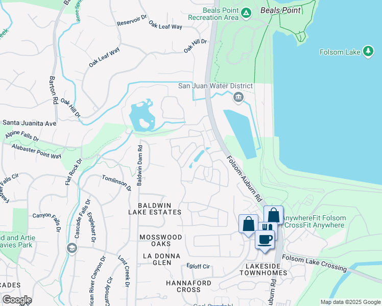 map of restaurants, bars, coffee shops, grocery stores, and more near 221 Northlake Drive in Folsom