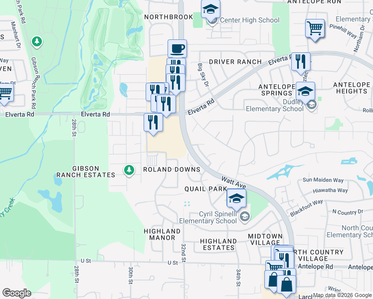 map of restaurants, bars, coffee shops, grocery stores, and more near 7861 Gull Way in Sacramento