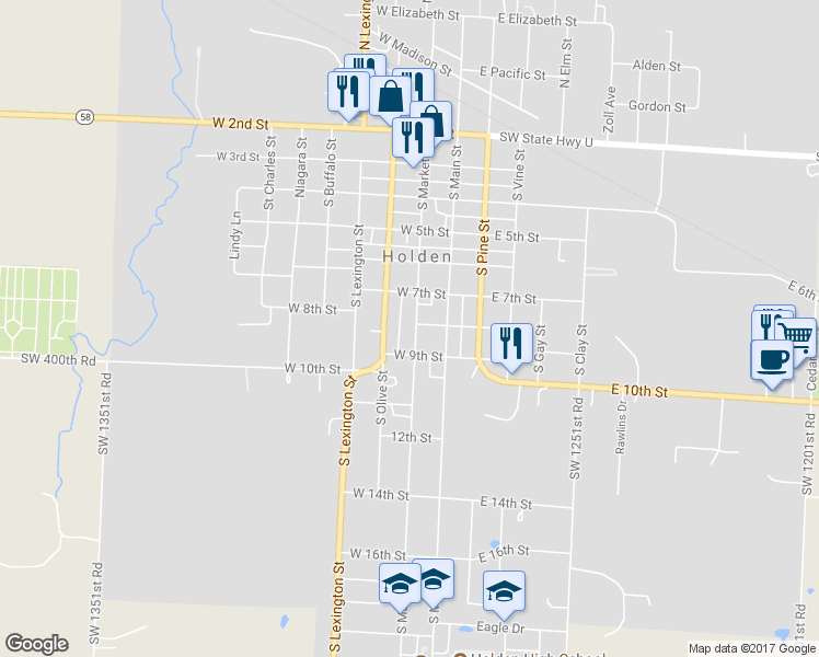 map of restaurants, bars, coffee shops, grocery stores, and more near 802 South Market Street in Holden