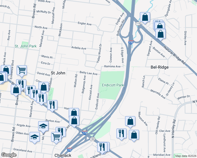 map of restaurants, bars, coffee shops, grocery stores, and more near 3013 Endicott Avenue in St. Louis