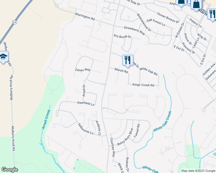 map of restaurants, bars, coffee shops, grocery stores, and more near 20055 Old Landing Road in Rehoboth Beach