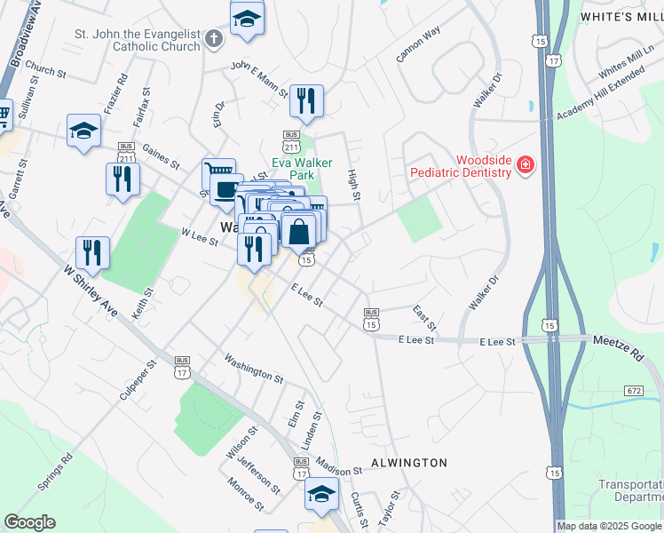 map of restaurants, bars, coffee shops, grocery stores, and more near 141 U.S. 15 Business in Warrenton