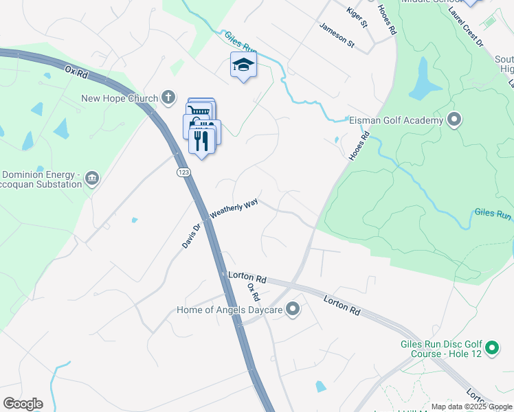 map of restaurants, bars, coffee shops, grocery stores, and more near 9007 Weatherly Way in Lorton