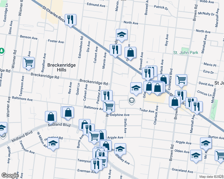 map of restaurants, bars, coffee shops, grocery stores, and more near 3114 Woodson Road in Breckenridge Hills