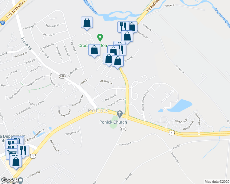 map of restaurants, bars, coffee shops, grocery stores, and more near 7308 Rhondda Drive in Lorton