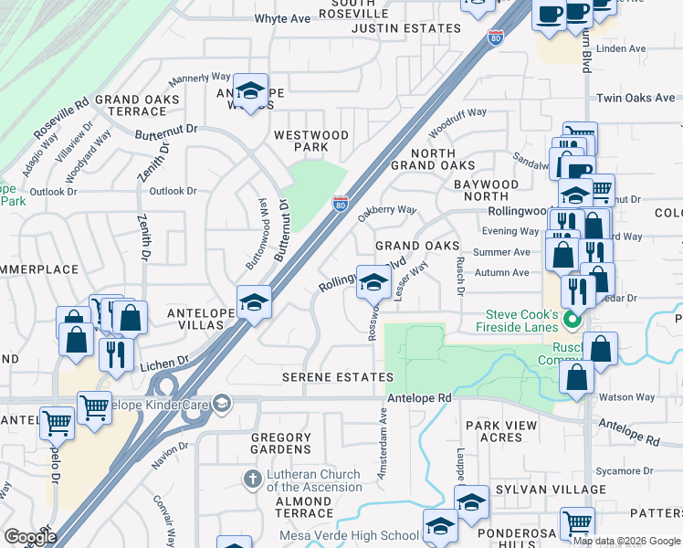 map of restaurants, bars, coffee shops, grocery stores, and more near 7225 Rollingwood Boulevard in Citrus Heights
