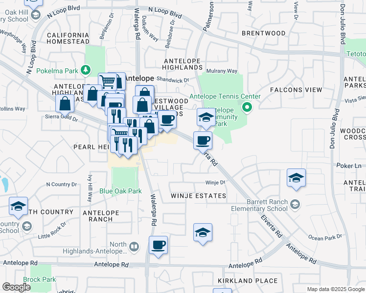 map of restaurants, bars, coffee shops, grocery stores, and more near 4500 Elverta Road in Antelope