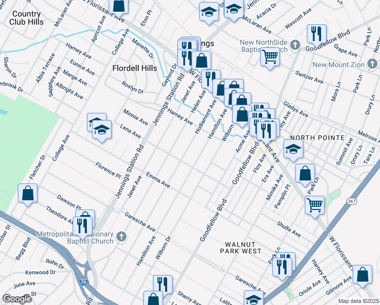 map of restaurants, bars, coffee shops, grocery stores, and more near 5616 Hodiamont Avenue in Jennings