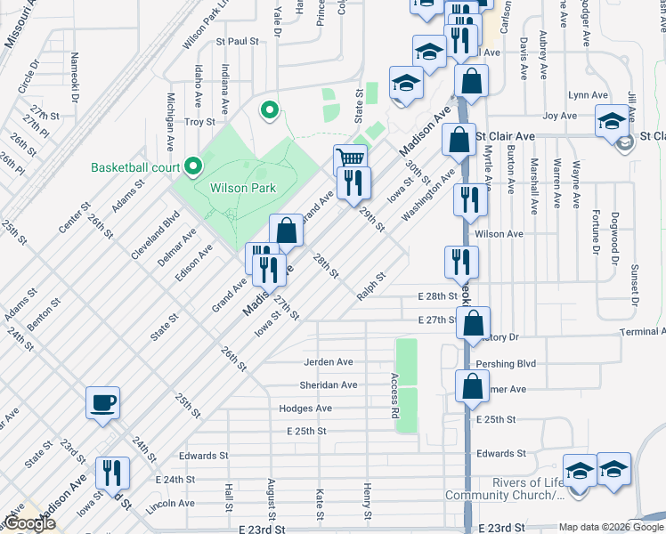 map of restaurants, bars, coffee shops, grocery stores, and more near 2800 Iowa Street in Granite City