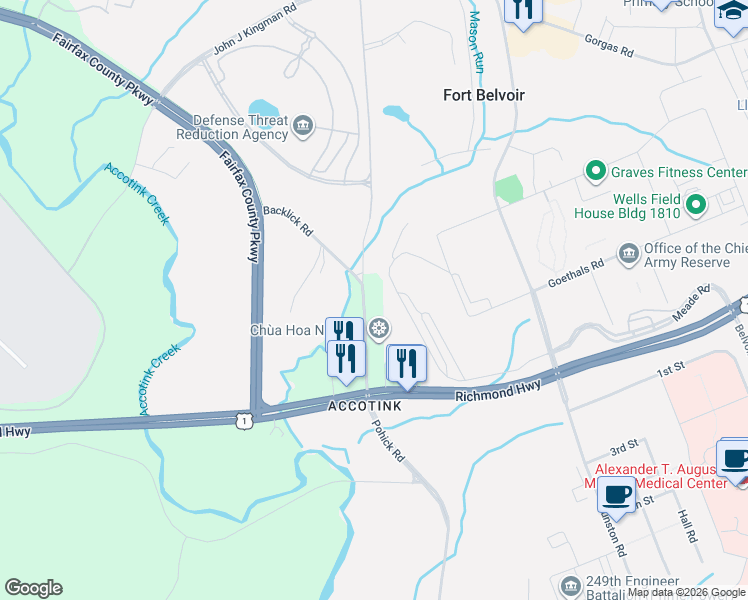 map of restaurants, bars, coffee shops, grocery stores, and more near 9021 Backlick Rd in Fort Belvoir
