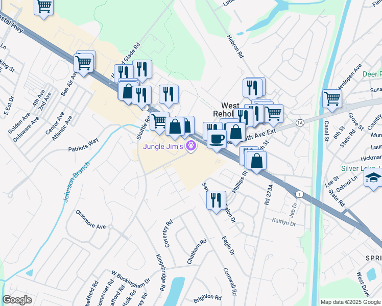 map of restaurants, bars, coffee shops, grocery stores, and more near 36944 Country Club Road in Rehoboth Beach