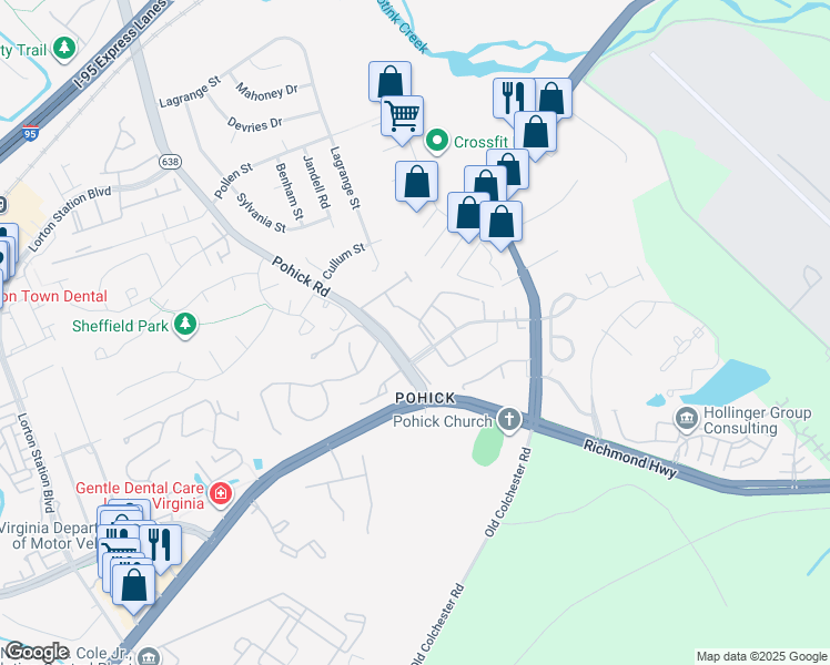 map of restaurants, bars, coffee shops, grocery stores, and more near 7430 Ardglass Drive in Lorton