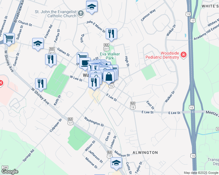 map of restaurants, bars, coffee shops, grocery stores, and more near 16 South 5th Street in Warrenton