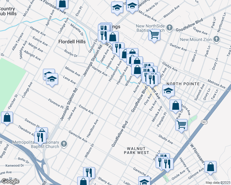 map of restaurants, bars, coffee shops, grocery stores, and more near 5636 Hamilton Avenue in Jennings