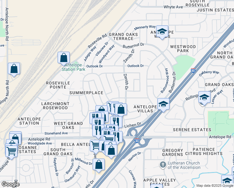 map of restaurants, bars, coffee shops, grocery stores, and more near 8025 Cornerstone Way in Citrus Heights