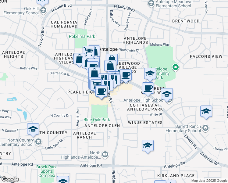 map of restaurants, bars, coffee shops, grocery stores, and more near 4320 Walerga Road in Antelope