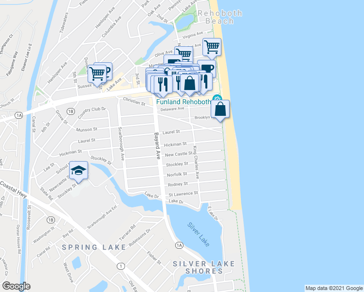 map of restaurants, bars, coffee shops, grocery stores, and more near 106 Hickman Street in Rehoboth Beach