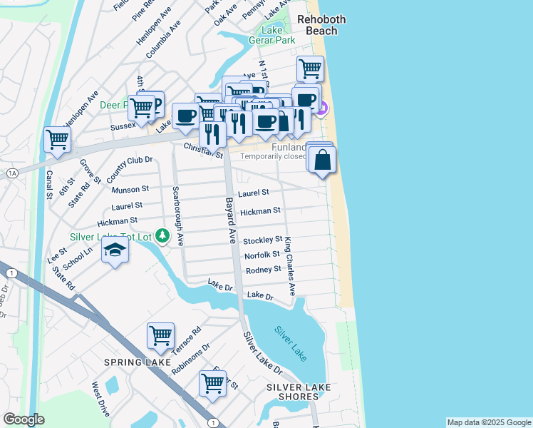 map of restaurants, bars, coffee shops, grocery stores, and more near 106 Hickman Street in Rehoboth Beach