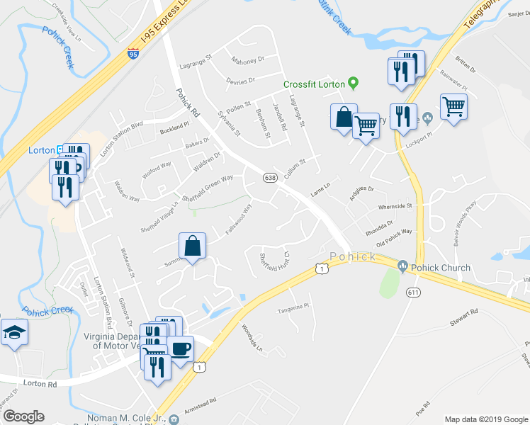 map of restaurants, bars, coffee shops, grocery stores, and more near 9030 Marie Court in Lorton