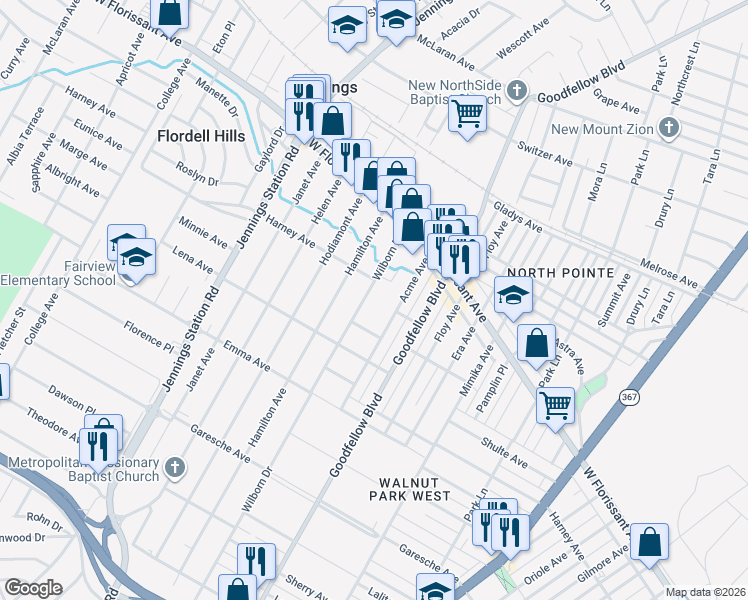map of restaurants, bars, coffee shops, grocery stores, and more near 5654 Wilborn Drive in Jennings