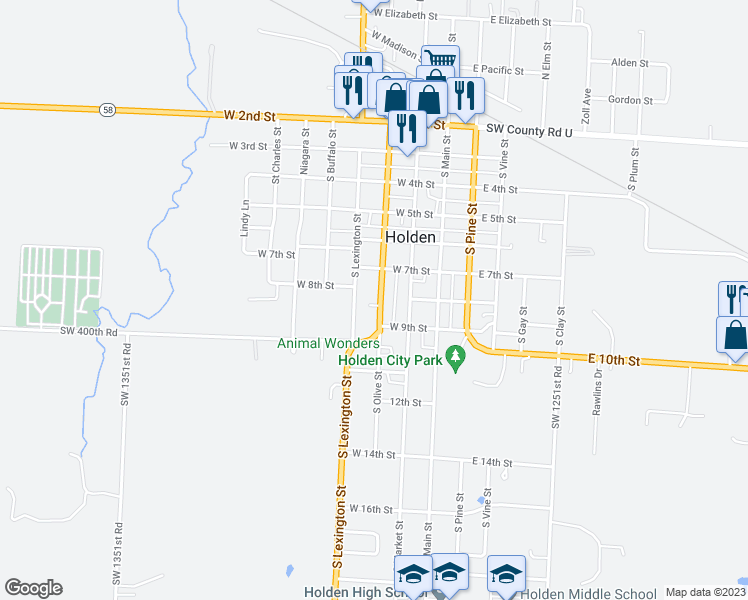 map of restaurants, bars, coffee shops, grocery stores, and more near 710 South Olive Street in Holden