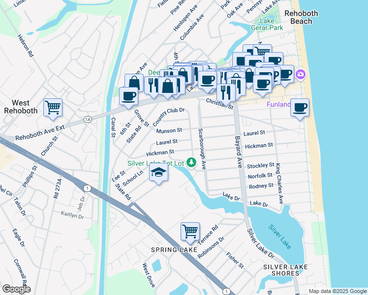 map of restaurants, bars, coffee shops, grocery stores, and more near 303 Hickman Street in Rehoboth Beach