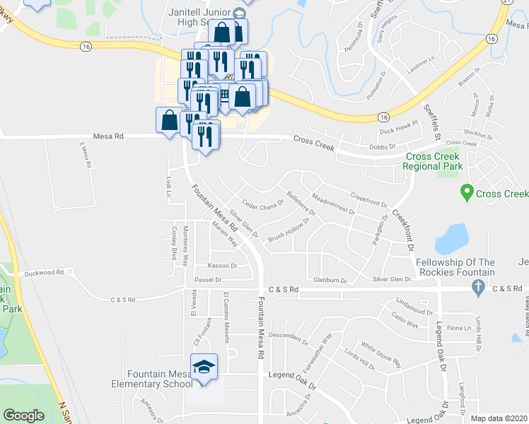 map of restaurants, bars, coffee shops, grocery stores, and more near 8294 Cedar Chase Drive in Fountain