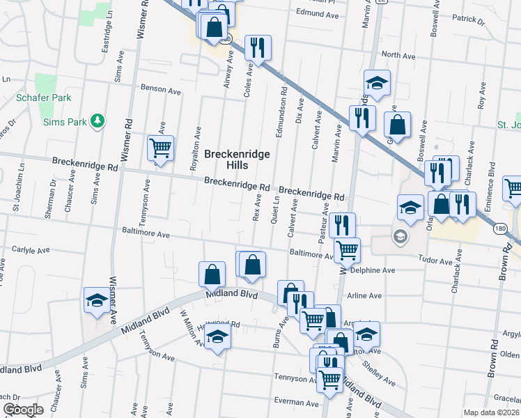 map of restaurants, bars, coffee shops, grocery stores, and more near 3126 Rex Avenue in Breckenridge Hills