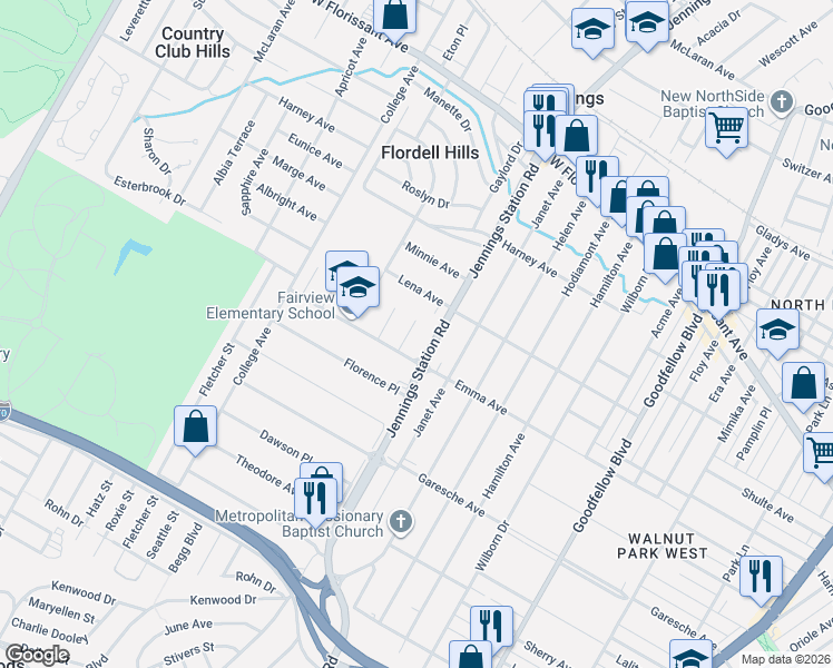 map of restaurants, bars, coffee shops, grocery stores, and more near 5539 Jennings Station Road in Jennings