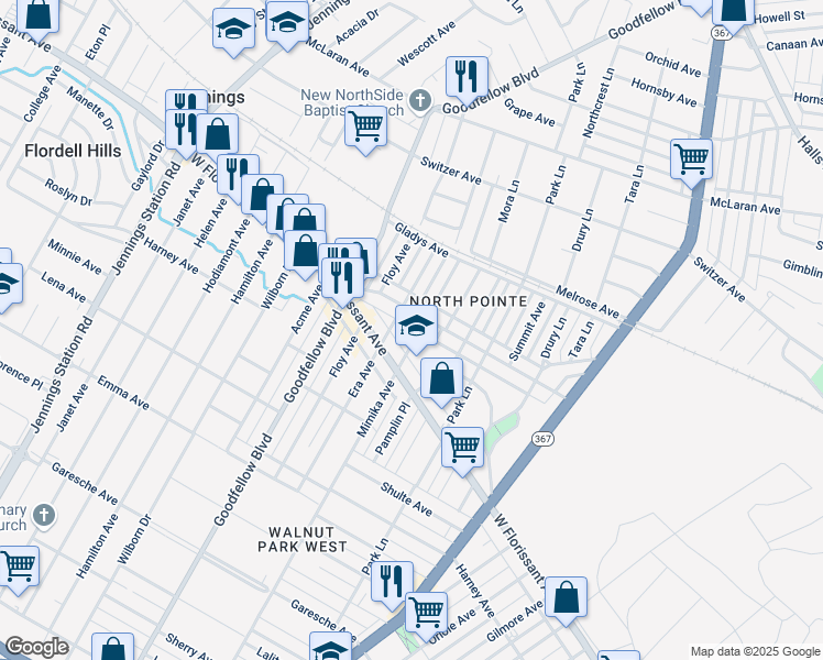 map of restaurants, bars, coffee shops, grocery stores, and more near 5839 Mimika Avenue in Saint Louis