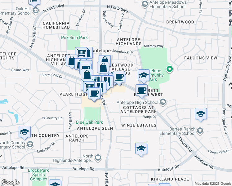 map of restaurants, bars, coffee shops, grocery stores, and more near 7910 Walerga Road in Antelope