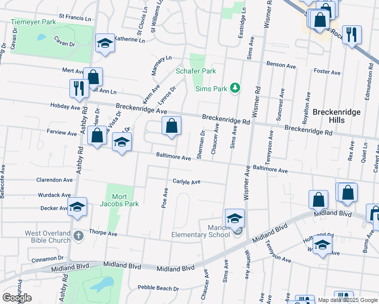 map of restaurants, bars, coffee shops, grocery stores, and more near 3102 Glenwood Court in Saint Ann