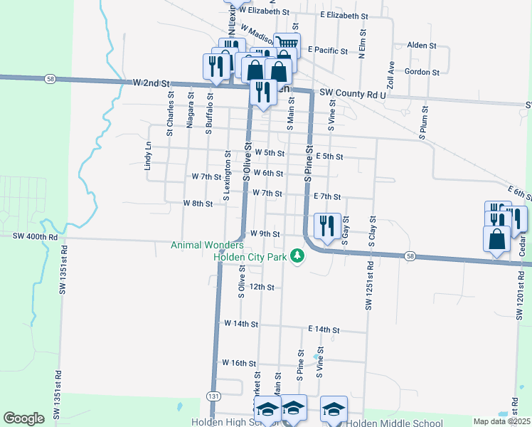 map of restaurants, bars, coffee shops, grocery stores, and more near 802 South Market Street in Holden