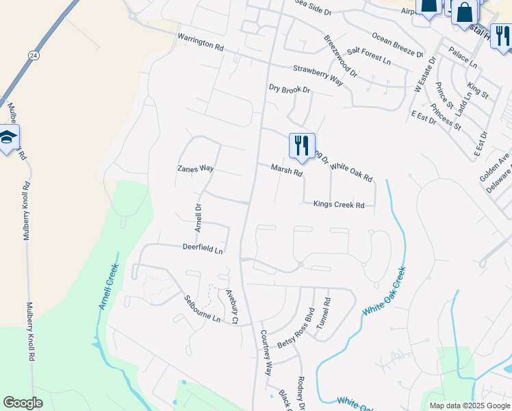 map of restaurants, bars, coffee shops, grocery stores, and more near 20055 Old Landing Road in Rehoboth Beach