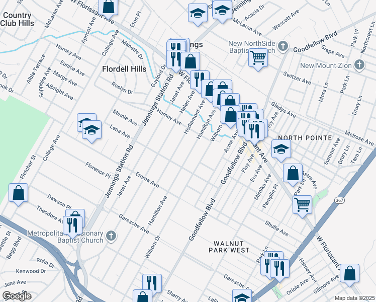 map of restaurants, bars, coffee shops, grocery stores, and more near 5636 Hamilton Avenue in Jennings