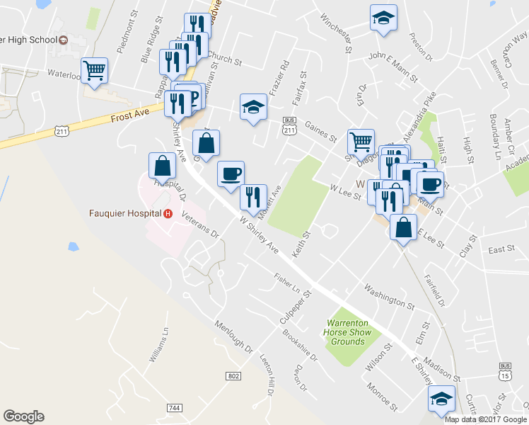 map of restaurants, bars, coffee shops, grocery stores, and more near 152 Moffett Avenue in Warrenton