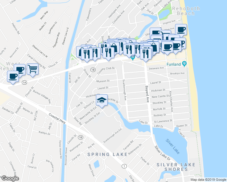 map of restaurants, bars, coffee shops, grocery stores, and more near 303 Hickman Street in Rehoboth Beach