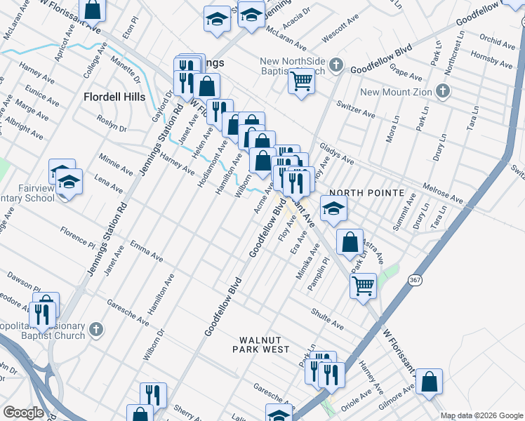 map of restaurants, bars, coffee shops, grocery stores, and more near 5720 Acme Avenue in St. Louis