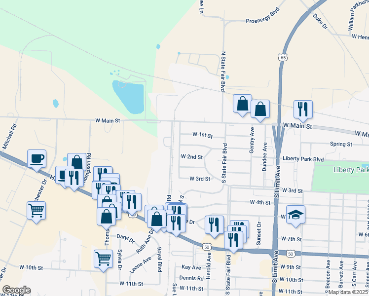 map of restaurants, bars, coffee shops, grocery stores, and more near 2424 West 1st Street Terrace in Sedalia