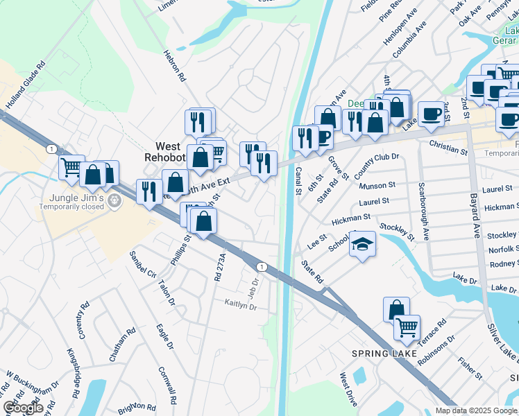 map of restaurants, bars, coffee shops, grocery stores, and more near 43 Canal Landing Court in Rehoboth Beach