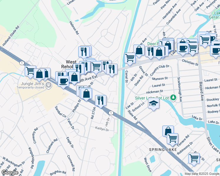 map of restaurants, bars, coffee shops, grocery stores, and more near 43 Canal Landing Court in Rehoboth Beach