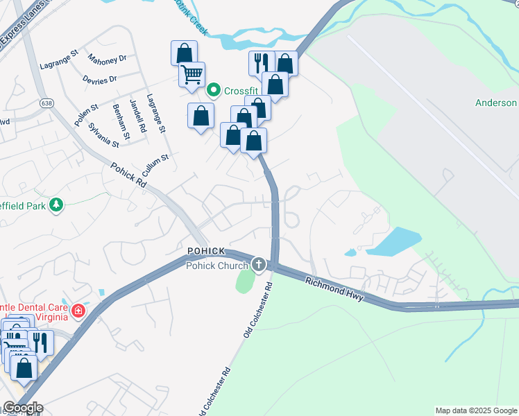 map of restaurants, bars, coffee shops, grocery stores, and more near 7318 Charlesborough Court in Lorton