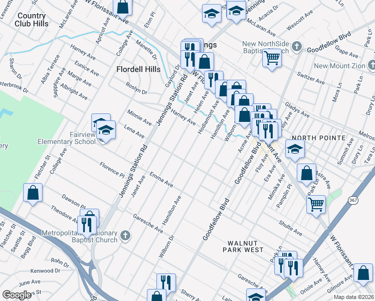 map of restaurants, bars, coffee shops, grocery stores, and more near 5616 Hodiamont Avenue in Jennings